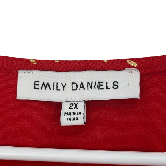 Emily Daniels Women Red Gold Polka Dot Blouse 2X Long Sleeve Ruffle Cuffs V-Neck - Picture 4 of 12